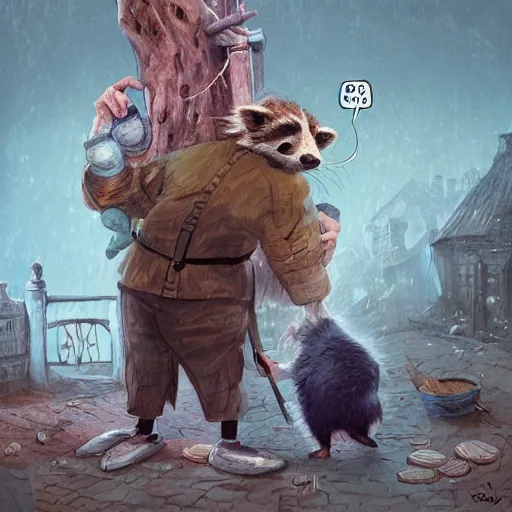 Image similar to Frank Dillane, petting raccoons, comical, funny, cute, cartoon, digital painting, old english, whimsical background by marc simonetti, artwork by liam wong