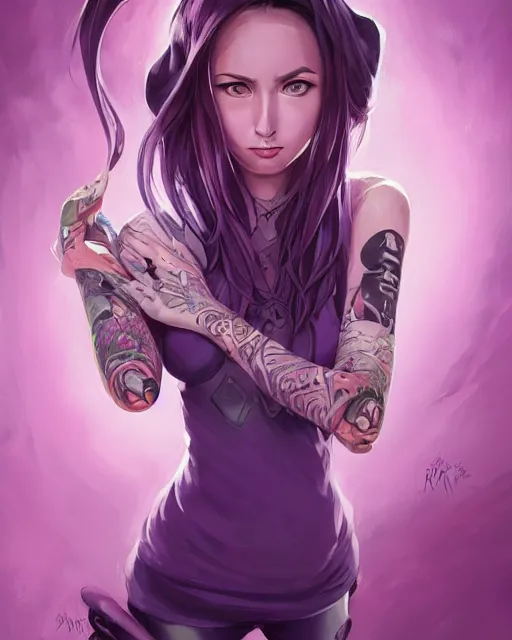 Image similar to beautiful ana da armas purple hair tattoos symmetrical face stunning eyes full length fantasy art icon, 2d art cover , official fanart behance hd artstation by Jesper Ejsing, by RHADS, Makoto Shinkai and Lois van baarle, ilya kuvshinov, rossdraws