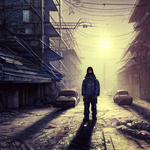 Prompt: A photo of cyberpunk gopnik on the street of a Soviet slum on the Moon, blinding sun, Norilsk, sci-fi, fantasy, intricate, very very beautiful, by Evgeny Zubvkov, elegant, highly detailed, digital painting, artstation, concept art, smooth, sharp focus, illustration, art by artgerm and greg rutkowski and alphonse mucha