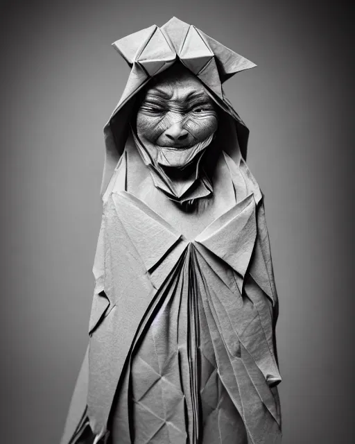 Image similar to an origami wrinkled old witch by akira yoshizawa, realistic, very detailed, complex, intricate, studio lighting, bokeh, sigma 5 0 mm f 1. 4