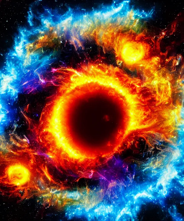 Image similar to blackhole, sun burst, space, bright colors, painting, rule of thirds, phoenix flames, nebula clouds, soft tones