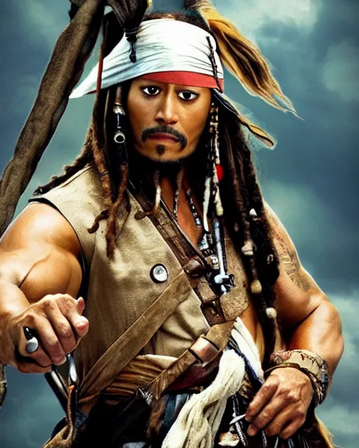 Image similar to Film still close-up shot of Dwayne Johnson as Captain Jack Sparrow from the movie Pirates of the Caribbean. Photographic, photography