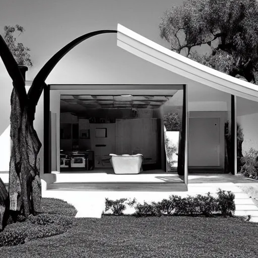 Prompt: “ a perfectly centered beautiful black and white 9 0 mm photo of mid - century retro - futuristic house in los angeles ”