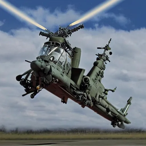 Prompt: donald trump flying an apache helicopter that shoots mini donald trumps for missiles
