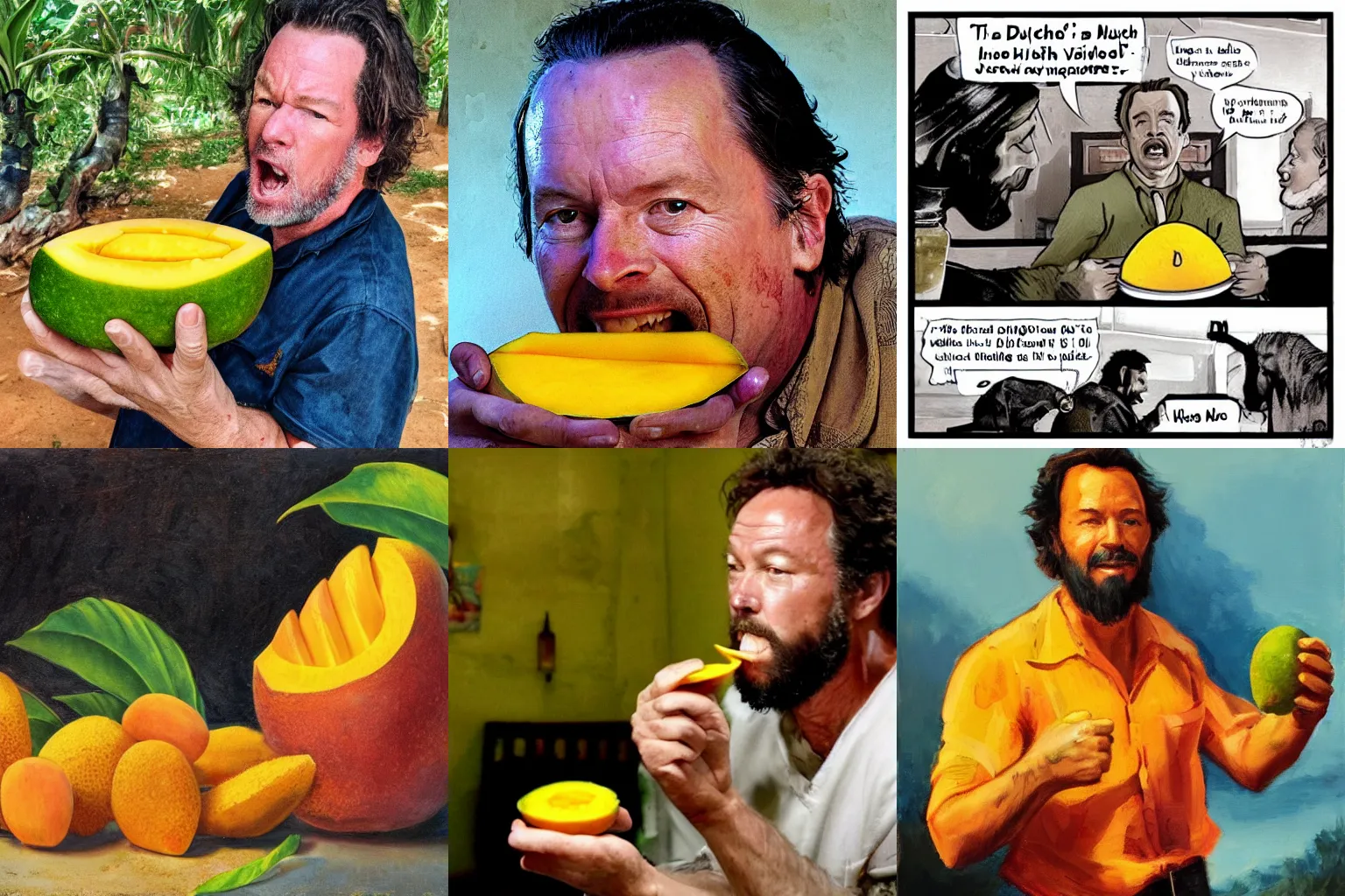 Prompt: Dutch van der Linde eats a mango