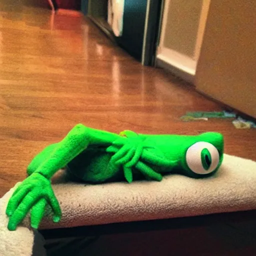 Prompt: “ spilled bottle of prescription pills next to sleeping kermit the frog ”