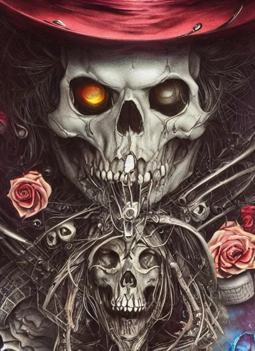 Image similar to mad hatter death tarot card, highly detailed, half skull face, cinematic, 8 k, by stanley artgermm, tom bagshaw, greg rutkowski, carne griffiths, ayami kojima, beksinski, giger, trending on deviantart, hyper detailed, horror, full of colour