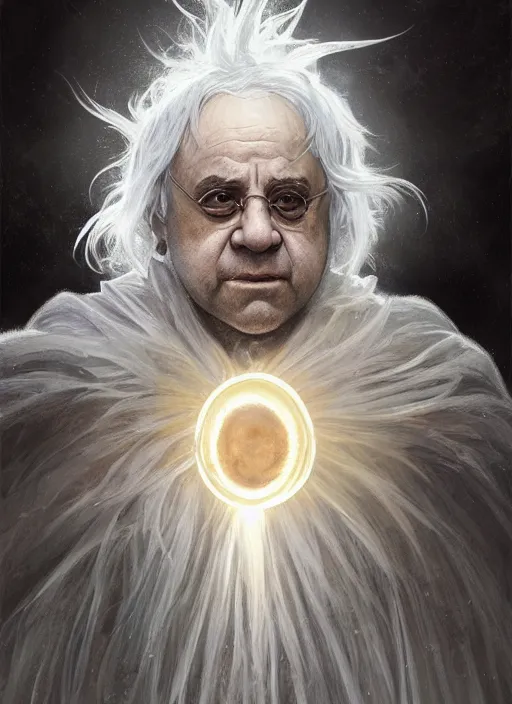 Image similar to Portrait of Danny DeVito, white glowing eyes, silver shaggy hair, cloak, ethereal wings, male, fantasy, extremely detailed, digital painting, artstation, concept art, smooth, sharp focus, illustration, stunning lighting, art by artgerm and greg rutkowski and alphonse mucha and simon stalenhag, realistic character concept, high fantasy, light atmosphere, golden ratio, cinematic lighting, hyperdetailed, high resolution, insanely detailed and intricate, artstation, Marc Simonetti, Greg Rutkowski, 8k