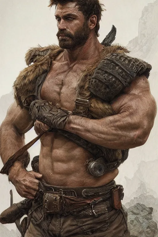 Prompt: portrait of a rugged ranger, muscular, handsome, upper body, hairy torso, D&D, fantasy, intricate, elegant, highly detailed, digital painting, artstation, concept art, smooth, sharp focus, illustration, art by artgerm and Greg Rutkowski and Alphonse Mucha