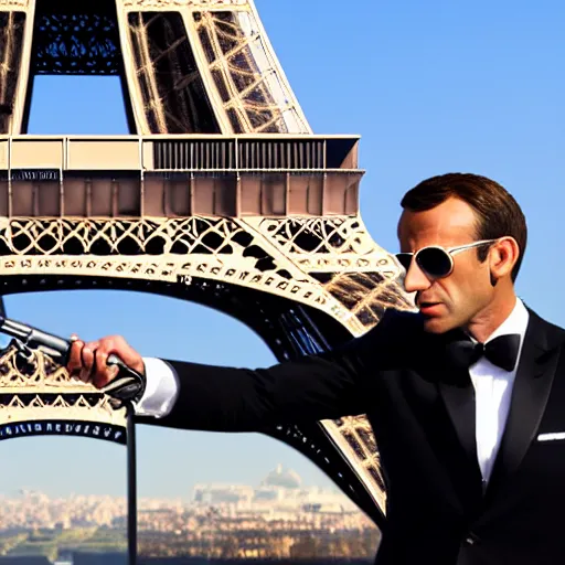 Prompt: Still of a James Bond movie starring Emmanuel Macron as James Bond. Emmanuel Macron holds a Beretta, a baguette and a French flag in front of the Eiffel Tower. Nikon, sigma 1/6, 50 mm