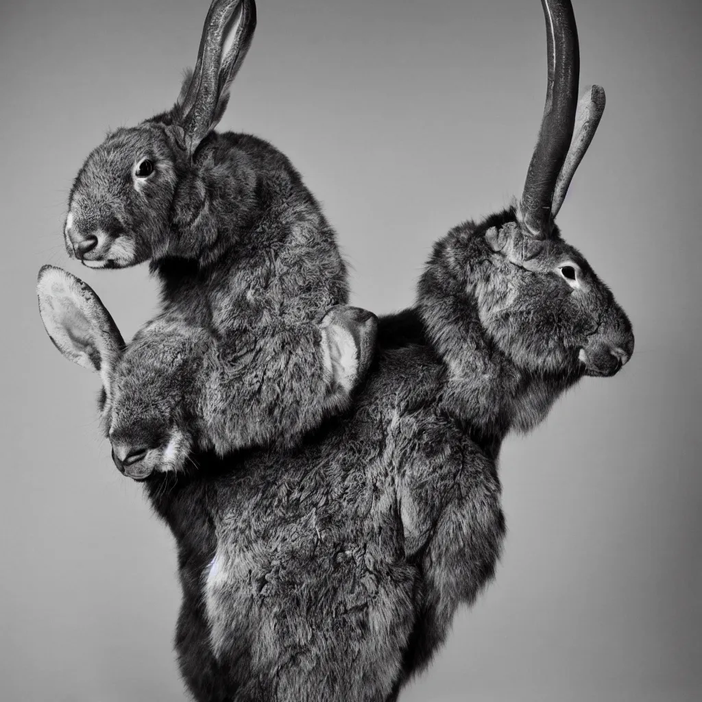 Prompt: rare classified photo, black & white, studio lighting, a tall buffalo rabbit python, horns, real fur, real skin