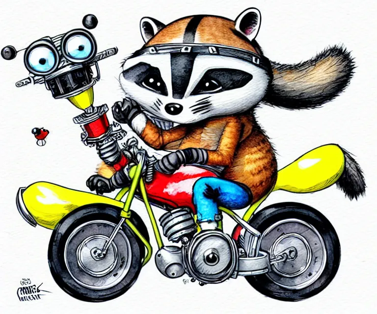Image similar to cute and funny, racoon wearing a helmet riding on a tiny sport motorcycle with oversized engine, ratfink style by ed roth, centered award winning watercolor pen illustration, isometric illustration by chihiro iwasaki, edited by range murata