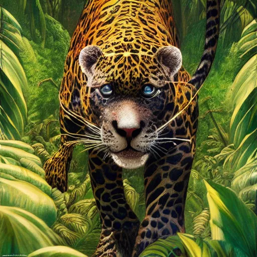 Prompt: jungle jaguar, hyperrealistic oil painting, super detailed, colorized, 4k, trending on Artstation, D&D, fantasy, raytracing, award winning, art by James C Christensen and Michael Hutter, spectacular lighting, octane rendered