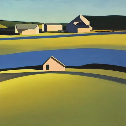 Image similar to dreaming futuristic rural landscape with modern houses, painted by Alex Katz and Edward Hopper, airbrushm, highly detailed