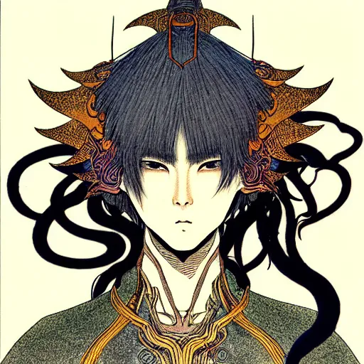 Image similar to prompt: human Fragile looking character soft light portrait face drawn by Takato Yamamoto, modernistic looking armor with wild hairstyle, inspired by Evangeleon anime, alchemical objects on the side, soft light, intricate detail, intricate ink and gouache painting detail, manga and anime 1990 high detail, manga 1990