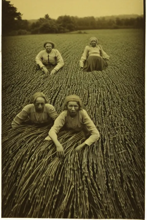 Prompt: vintage photograph of possessed villagers in a wheat field staring at you wide - eyed, at night