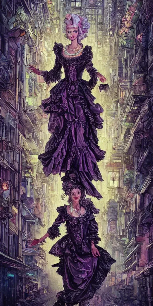 Image similar to Marie antoinette in a rococo dress as shaman dancing in with spirits in ornate cyberpunk city street, 2am, by Chiara Bautisya, blade runner, in style of Laurie Greasley, Jen Bartel, Background by Tarmo Juhola, kowloon, cinematography Roger Deakins,