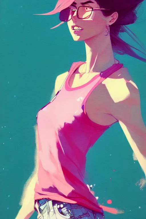 Image similar to a ultradetailed beautiful painting of a stylish woman in a pink tank top, by conrad roset, greg rutkowski and makoto shinkai trending on artstation