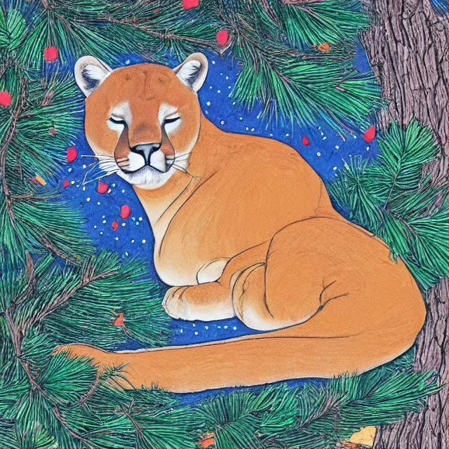 Prompt: magic marker colouring book showing 'a cougar sleeping in the middle of snowy pine tree' laying on coffee table, zoomed out shot, HD,