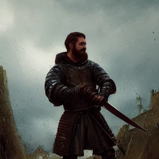 Prompt: a man holding a sword in the medieval era the background to the small town and it is raining by greg rutkowski