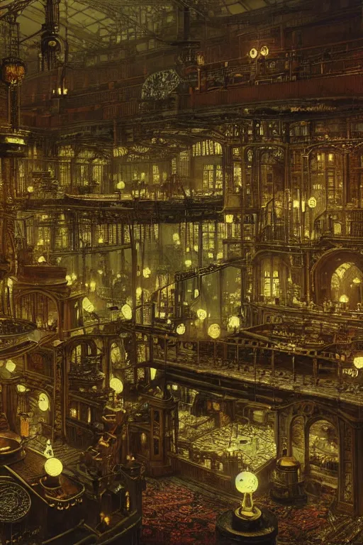 Image similar to beautiful matte steampunk large room filled with steampipes and valves fantasy scene ultra detail by john atkinson grimshaw