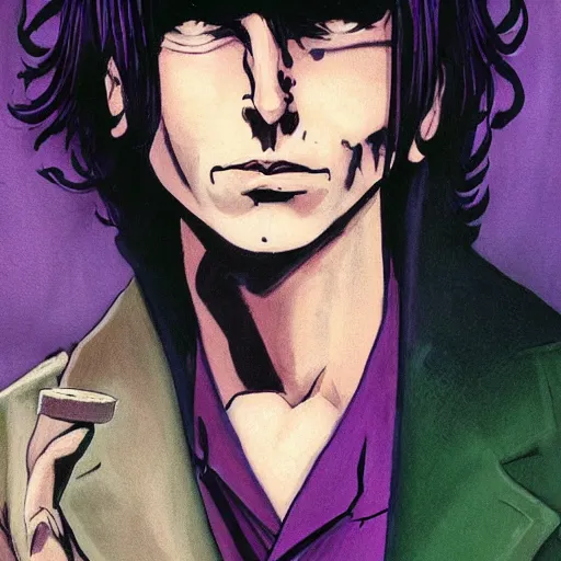 Prompt: A portrait of the character, Desire, a tall smiling androgyne with black hair and a pinstripe suit, Vertigo Comics, The Sandman written by Neil Gaiman, against a stormy purple sky