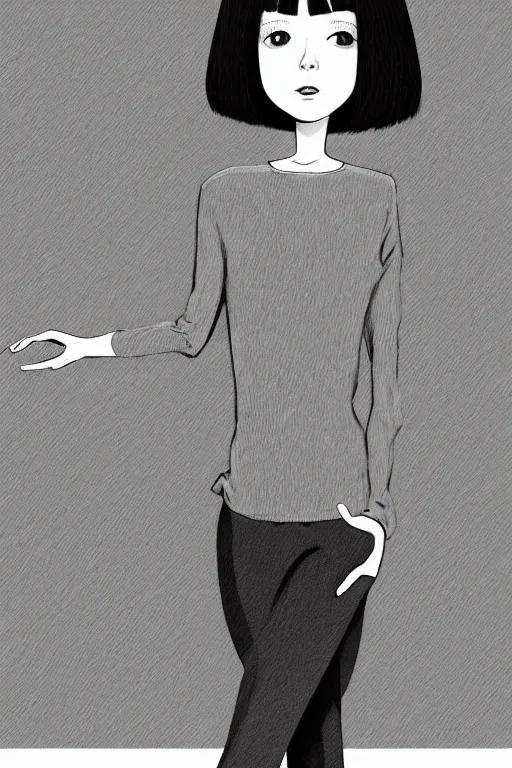 Image similar to portrait of a girl in long pants and a top, hands in pockets, eyes closed, bob haircut, digital art, black and white, illustration by junji ito