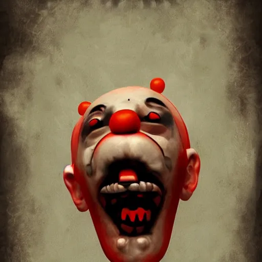 Image similar to dark horror clowns screaming balloons, artstation, gritty, scared