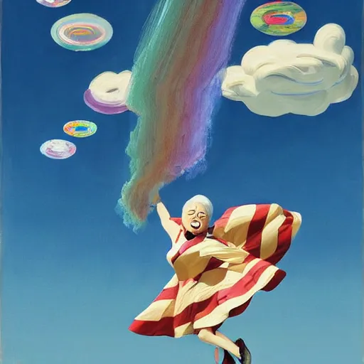 Prompt: Giant iridescent Grandma flying through the air, as a tornado approaches, by Takashi Murakami, Edward Hopper, Bo Bartlett, and Cynthia Sheppard, Artstation