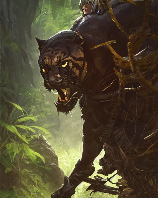 Image similar to Panther warrior in armor sneaking in jungle, portrait, magic the gathering artwork, D&D, fantasy, cinematic lighting, centered, symmetrical, highly detailed, digital painting, artstation, concept art, smooth, sharp focus, illustration, volumetric lighting, epic Composition, 8k, art by Akihiko Yoshida and Greg Rutkowski and Craig Mullins, oil painting, cgsociety