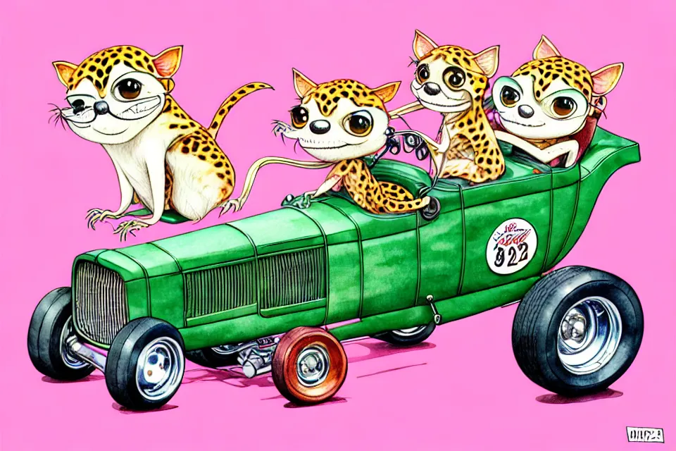 Prompt: cute and funny, margay riding in a tiny 1 9 2 3 ford t - bucket with oversized engine, ratfink style by ed roth, centered award winning watercolor pen illustration, isometric illustration by chihiro iwasaki, edited by range murata, tiny details by artgerm and watercolor girl, symmetrically isometrically centered