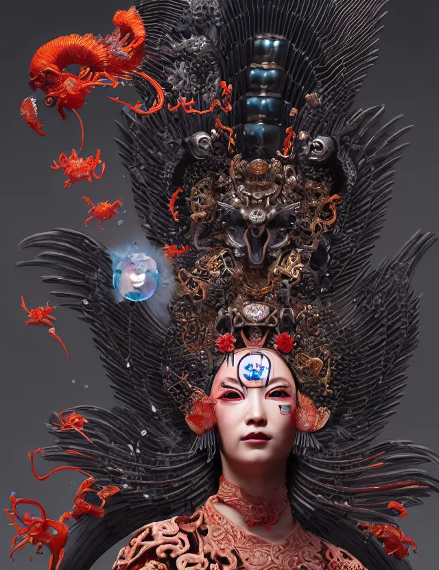 Image similar to 3 d goddess of hell close - up profile portrait with ram skull. beautiful intricately detailed japanese crow kitsune mask and clasical japanese kimono. betta fish, jellyfish phoenix, bio luminescent, plasma, ice, water, wind, creature, artwork by tooth wu and wlop and beeple and greg rutkowski