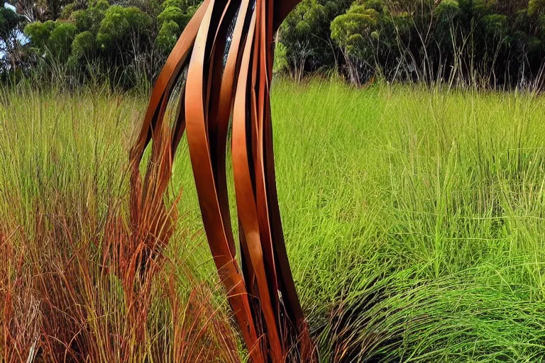 Image similar to “dramatic award-winning corten steel sculpture in an Australian wetlands”