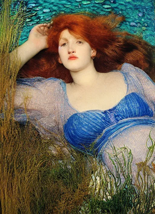 Image similar to lady laying under the sea on the seabed amongst the weeds, underwater shot, submerged, medium shot, on the bed of the river preraphaelite colour photography by william holman hunt, 8 k