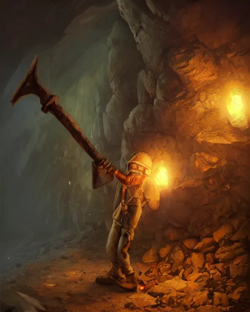 Image similar to oil painting of poor anthropomorphized mouse miner mining gold, pickaxe, close shot, full body, dark steampunk mine shaft background, sharp focus, fantasy style, octane render, volumetric lighting, 8k high definition, by greg rutkowski, highly detailed, trending on art Station, dungeons and dragons artwork, centered