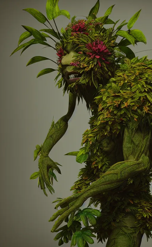 Image similar to a plant creature, foliage, plant filaments, flowers, humanoid shape, full body, photorealistic, 4 k, octane render, cinematic lighting, artistic photography, insanely detailed and intricate