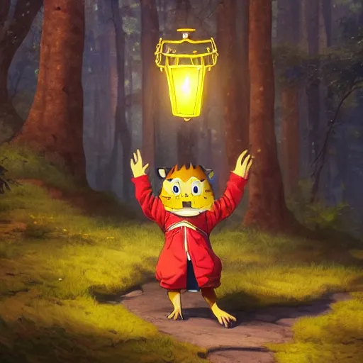 Image similar to concept art painting of an anthropomorphic luffy chipmunk wearing a yellow cloak, holding a lantern, in the deep forest, realistic, detailed, cel shaded, in the style of by isaac asimov and marc simonetti and makoto shinkai and greg rutkowski and james gurney