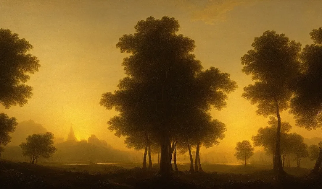 Prompt: a diamond tree forest at sunset, there is golden castle off in the distance, highly detailed landscape painting by claude lorrain but as photography, golden hour, misty ominous atmosphere