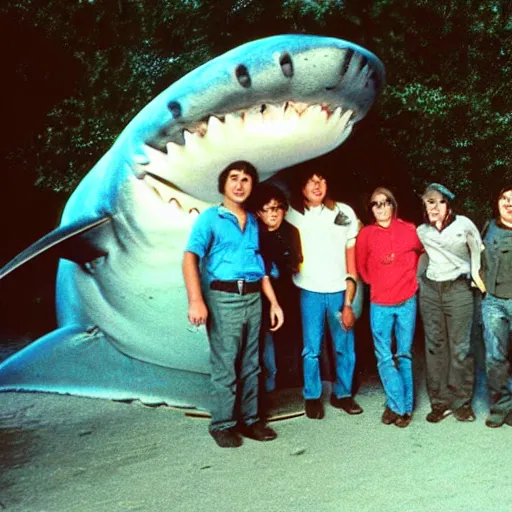 Image similar to marine biologists pose next to megladon shark, caught giant shark, scientists posing, they keep some distance, hanging shark, national geographic photo 1 9 7 0 s, fugifilm