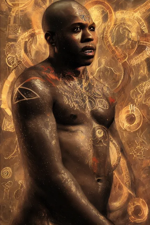 Image similar to A portrait of a dark skinned monk covered in runic tattoos, he is surrounded by glowing floating magical runes, digital art by Ruan Jia , Moebious, Craig Mullin, and Nick Knight