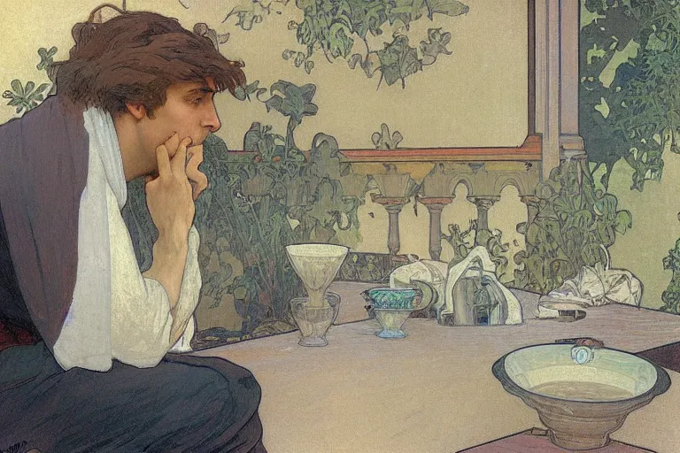 Image similar to a matte painting of a man sitting down and having a cup of tea in his house by the beach, by alphonse mucha, muted colors