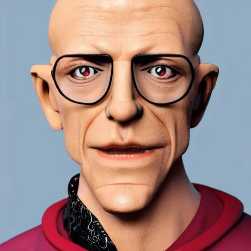 Image similar to A middle-aged Dr. Venture in real life with a hooked nose, a long gaunt face and skinny body and neck, very thin and bald, realistic, very realistic, hyperrealistic, highly detailed, very detailed, extremely detailed, detailed, digital art, oil painting, trending on artstation, headshot and bodyshot, detailed face, very detailed face, extremely detailed face, HD Quality, 8k resolution, very very detailed face, real life