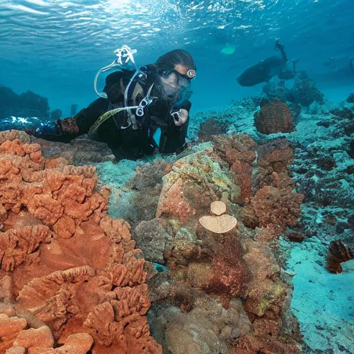 Prompt: rocky sea floor, abandoned scuba diver