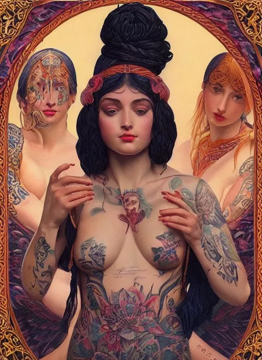 Image similar to beautiful enlightened instagram selfie influencer woman with tattoos, tattooed skin, oil painting, robe, symmetrical face, greek dark ritual myth, by john william godward and anna dittman, masterpiece