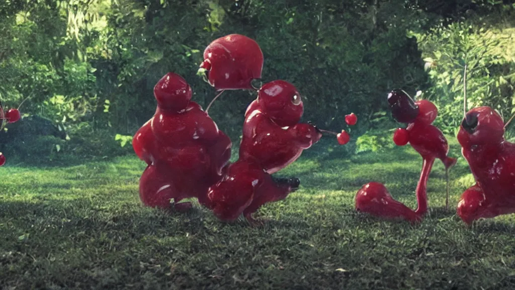 Image similar to anthropomorphic cherries fighting in a backyard, film still from the movie directed by Denis Villeneuve with art direction by Salvador Dalí, wide lens