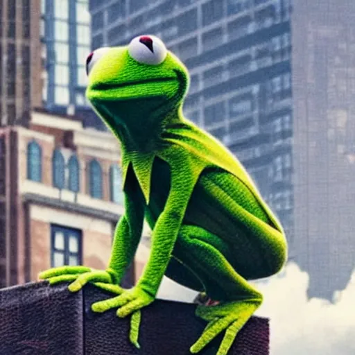 Image similar to photo of Kermit the frog as spiderman in averngers movie