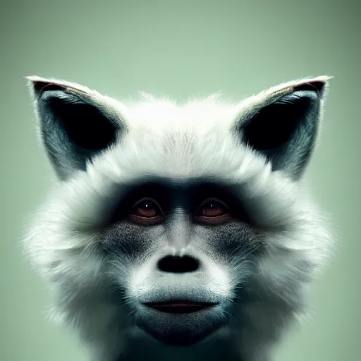 Image similar to fox as a monkey, fluffy white fur, black ears, stunning green eyes, extremely long white tail with black tip, award winning creature portrait photography, extremely detailed, artstation, 8 k, sensual lighting, incredible art, wlop, artgerm