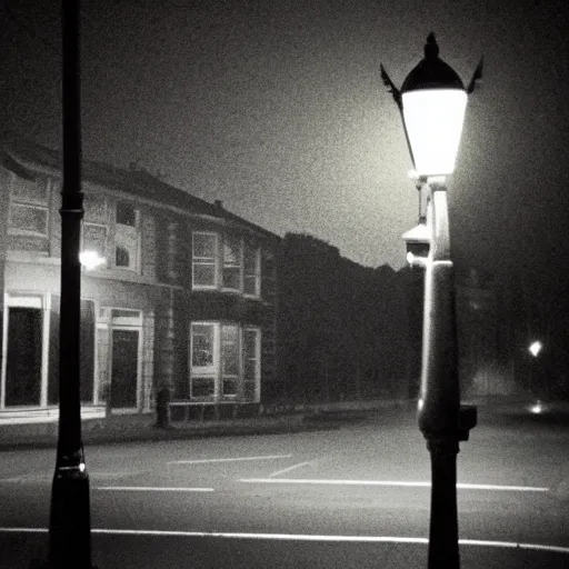 Image similar to Beautiful cameraphone, soft liminal Photograph of estate road, hedge night, streetlight.