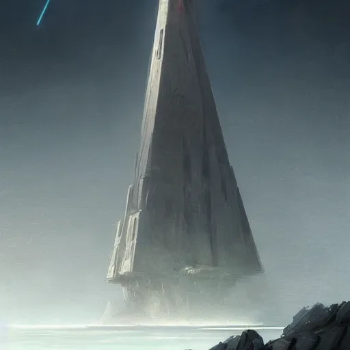 Prompt: star wars concept art by greg rutkowski, a palatial and imposing grey tall triangular pyramid tech tower emerging from the sea in the middle of a ocean landscape, enigmatic atmosphere, beautiful and cinematic lighting, artstation hq.