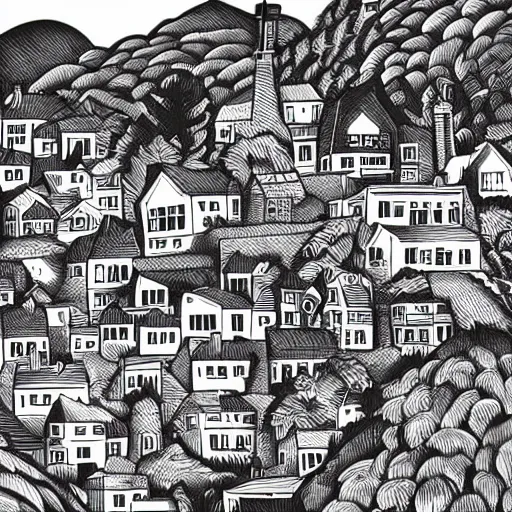 Image similar to mcbess illustration of a quaint village in the mountains